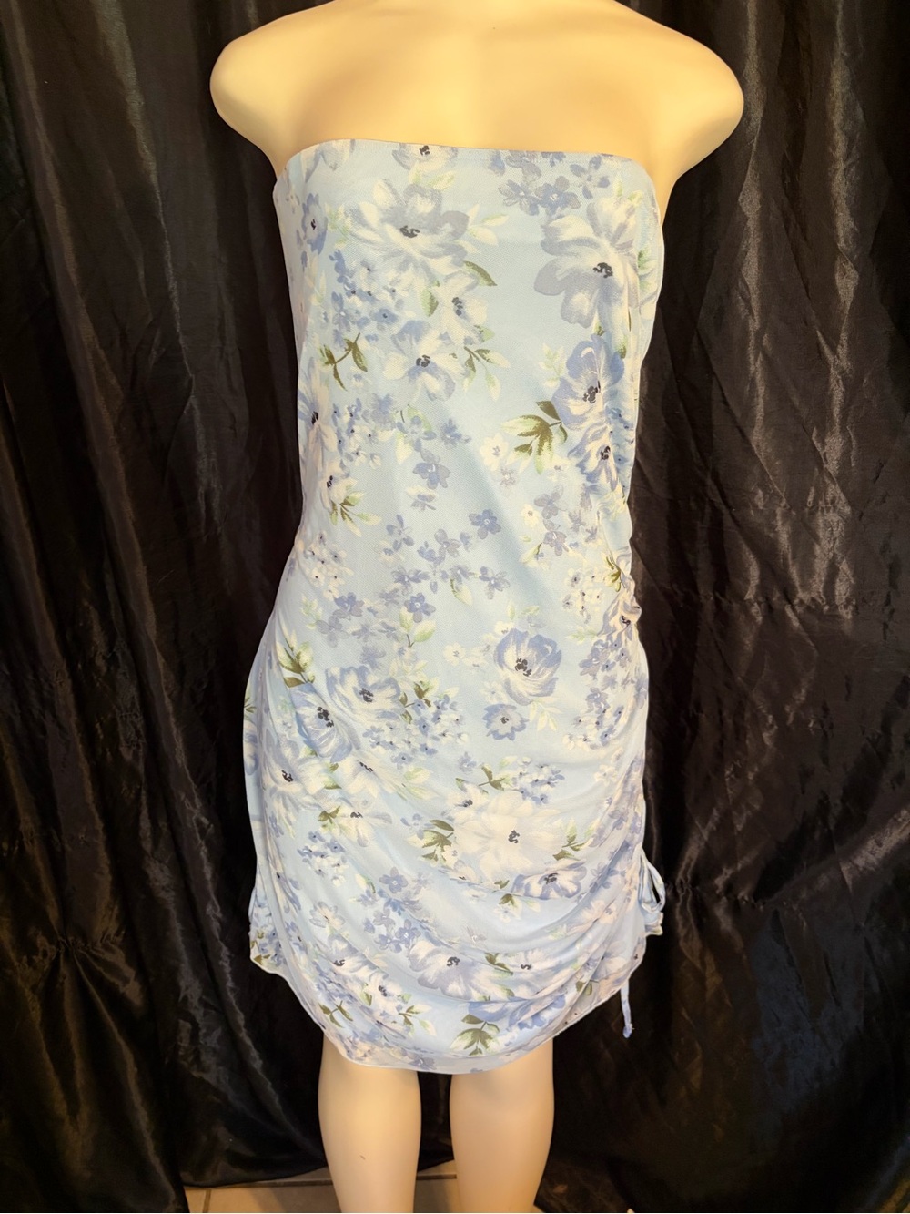 Strapless Light Blue Floral Ruched Dress